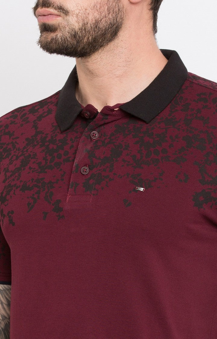 Spykar Wine Printed Slim Fit Polo T-Shirt