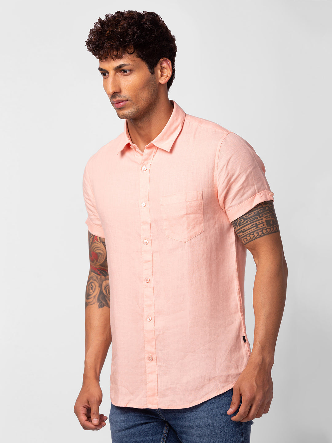 Spykar Men Peach Cotton Slim Fit Plain Shirt