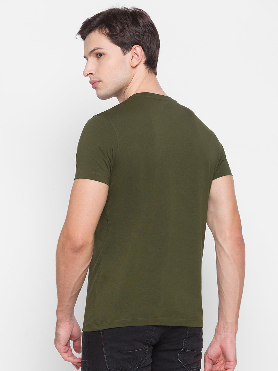 Spykar Men Green Cotton Slim Fit Round Neck T-Shirt