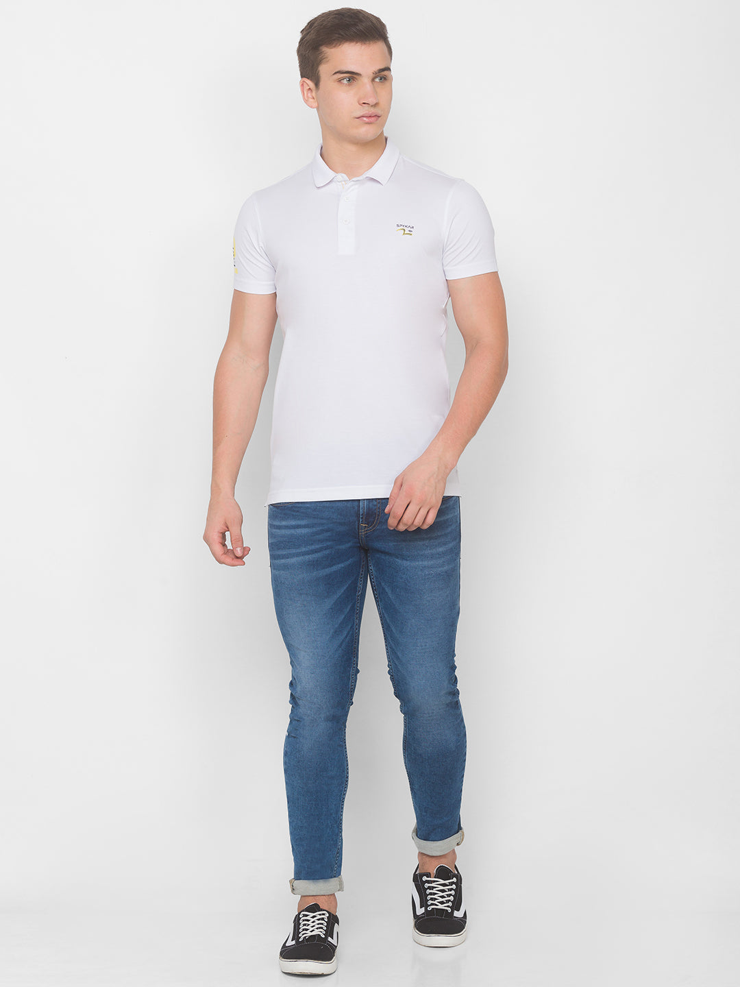 Spykar Men White Cotton Blend Slim Fit Polo T-Shirt