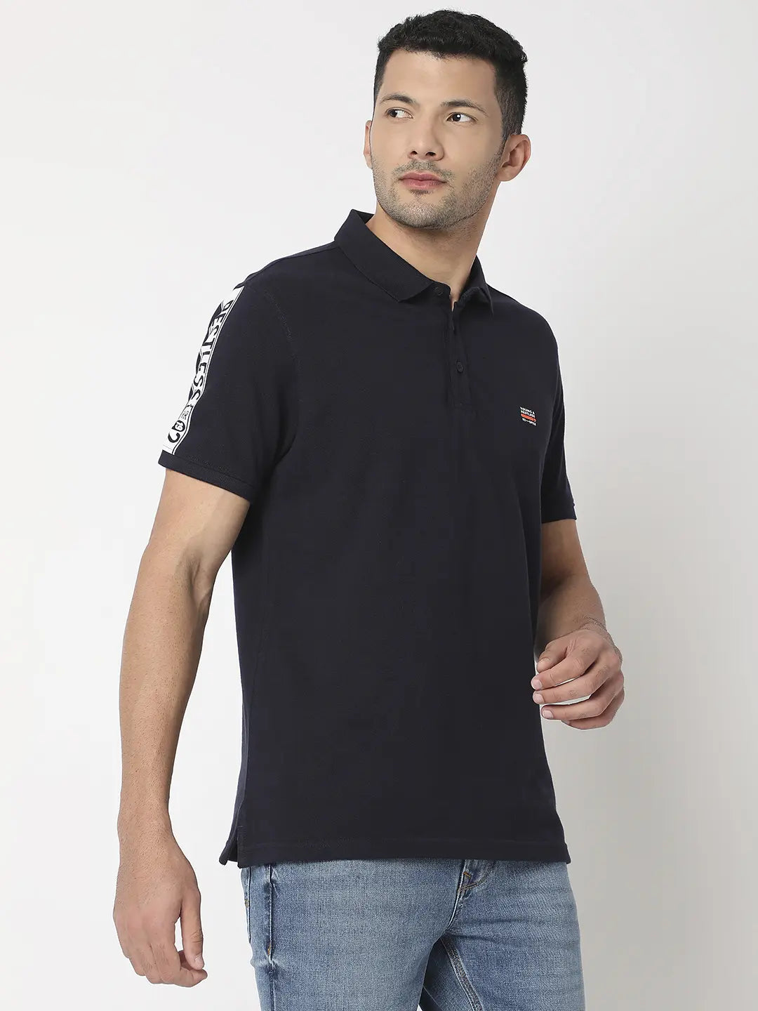 Spykar Men Navy Blue Cotton Regular Fit Plain Polo Tshirt