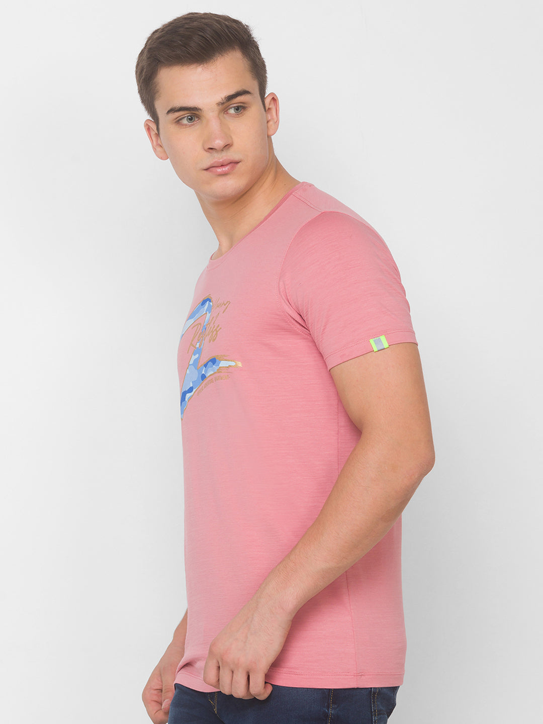 Spykar Men Pink Cotton Slim Fit Round Neck T-Shirt