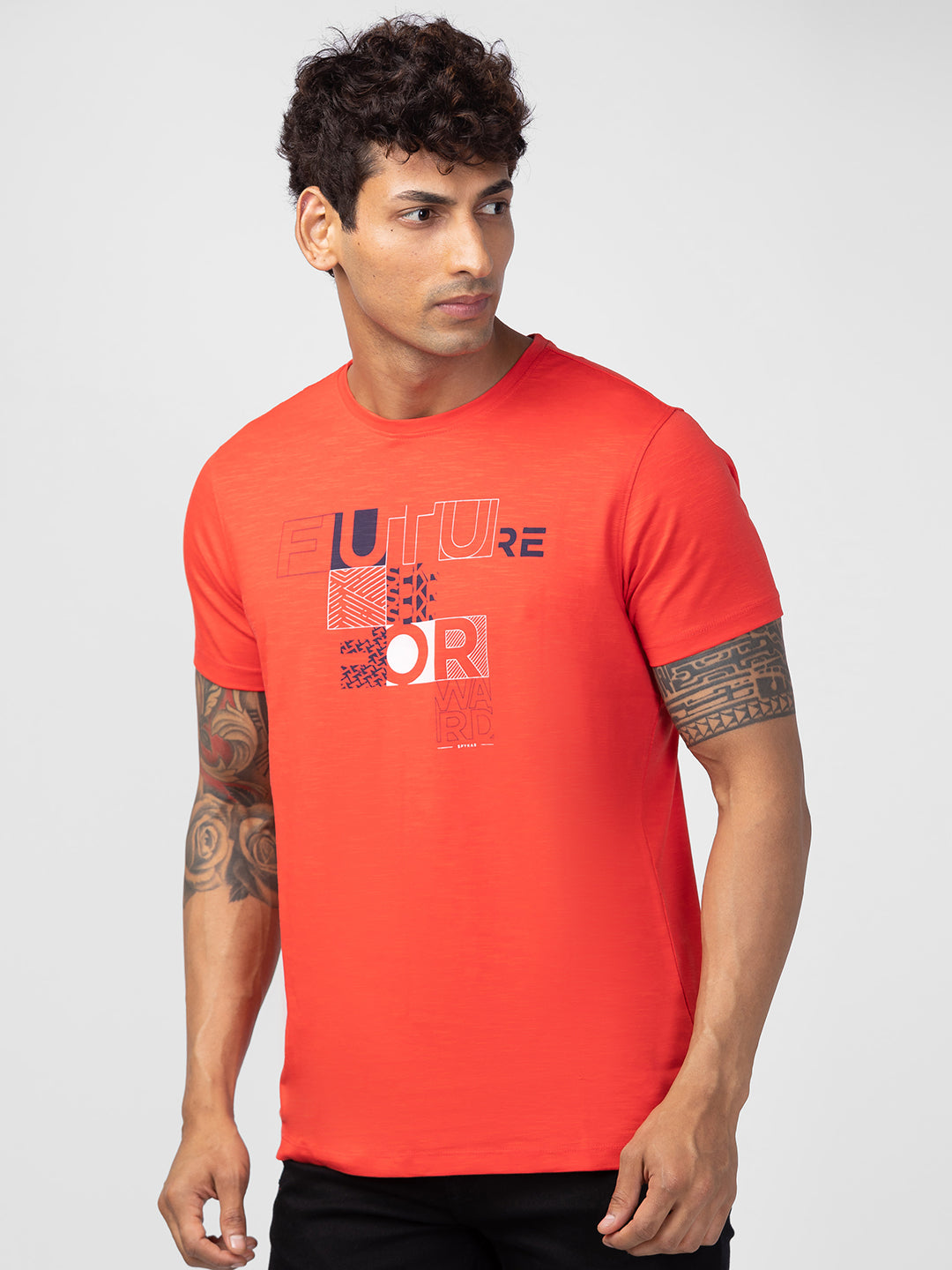 Spykar Men Deep Coral Cotton Regular Fit Half Sleeve Printed T-Shirt