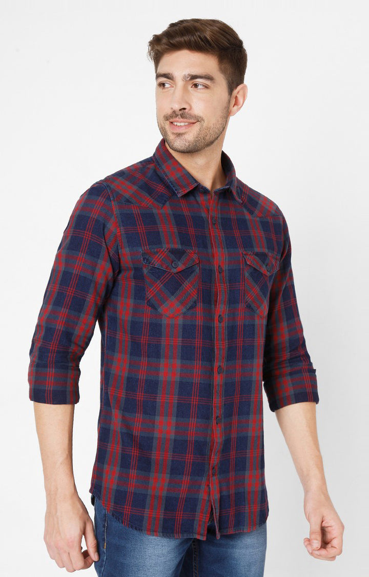 Spykar Red Cotton Slim Fit Shirts For Men