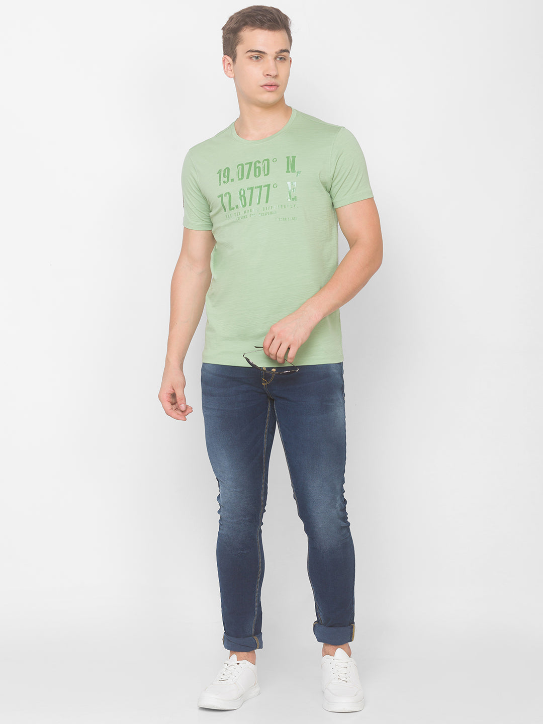 Spykar Men Green Cotton Slim Fit Round Neck T-Shirt