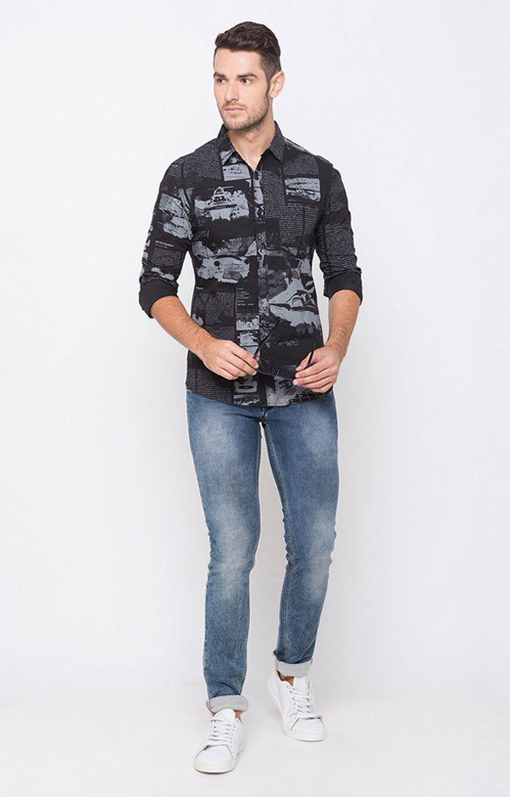 Spykar Men Jet Black Cotton Full Sleeve Slim Fit Printed Shirt