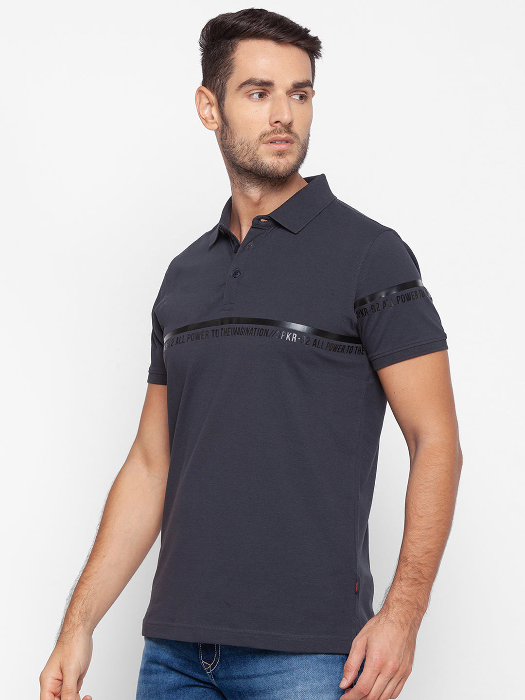 Spykar Men Grey Cotton Slim Fit Polo T-Shirt