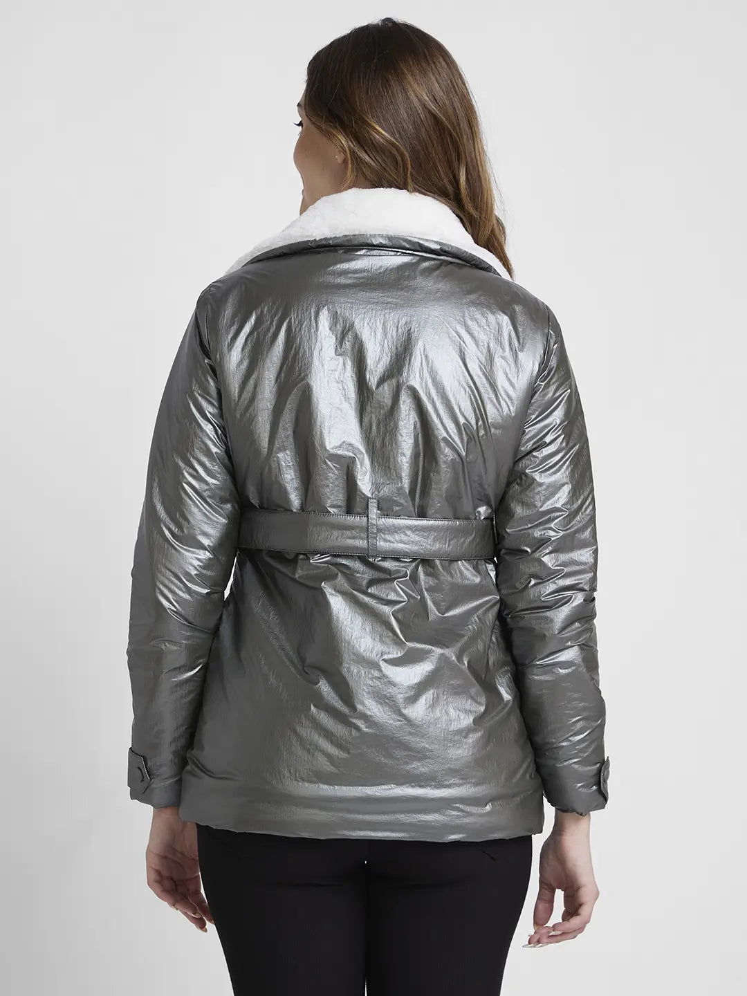 Spykar Women Silver Regular Fit High Neck Plain Jacket