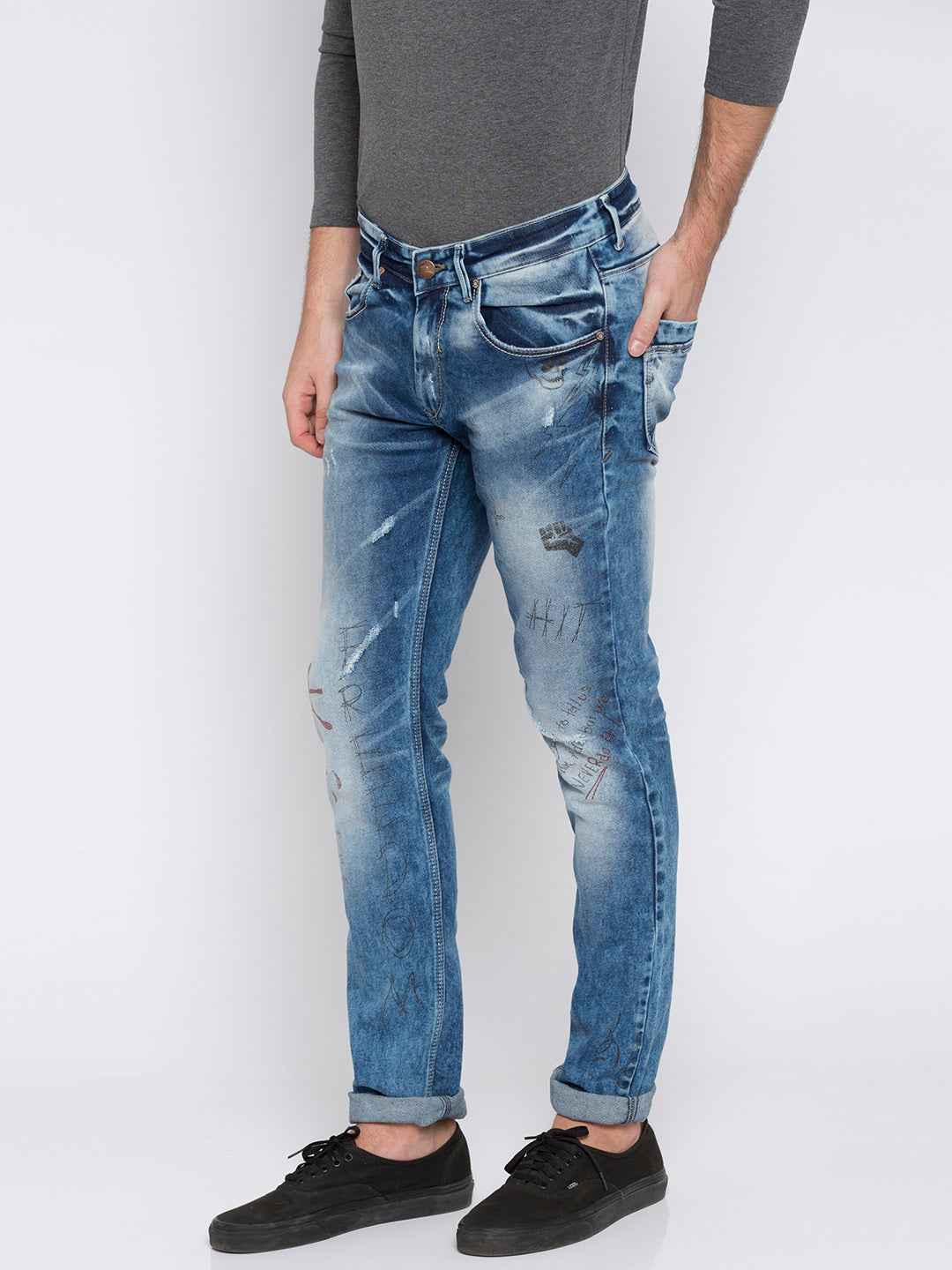 Spykar Men Mid Blue Printed Skinny Fit Jeans