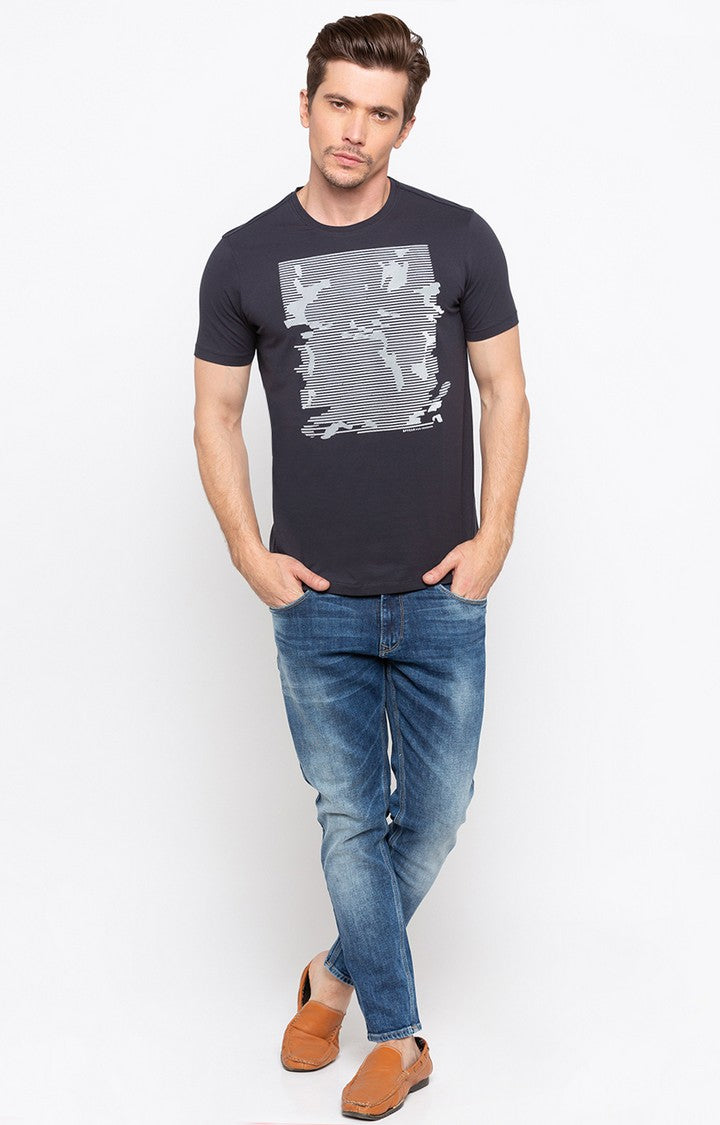 Spykar Charcoal Black Printed Slim Fit Men T-Shirts