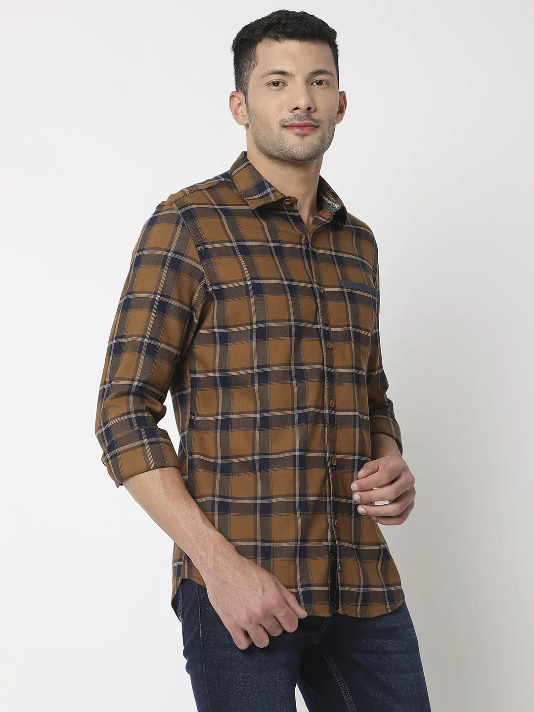 Spykar Men Khaki Cotton Slim Fit Checkered Shirt