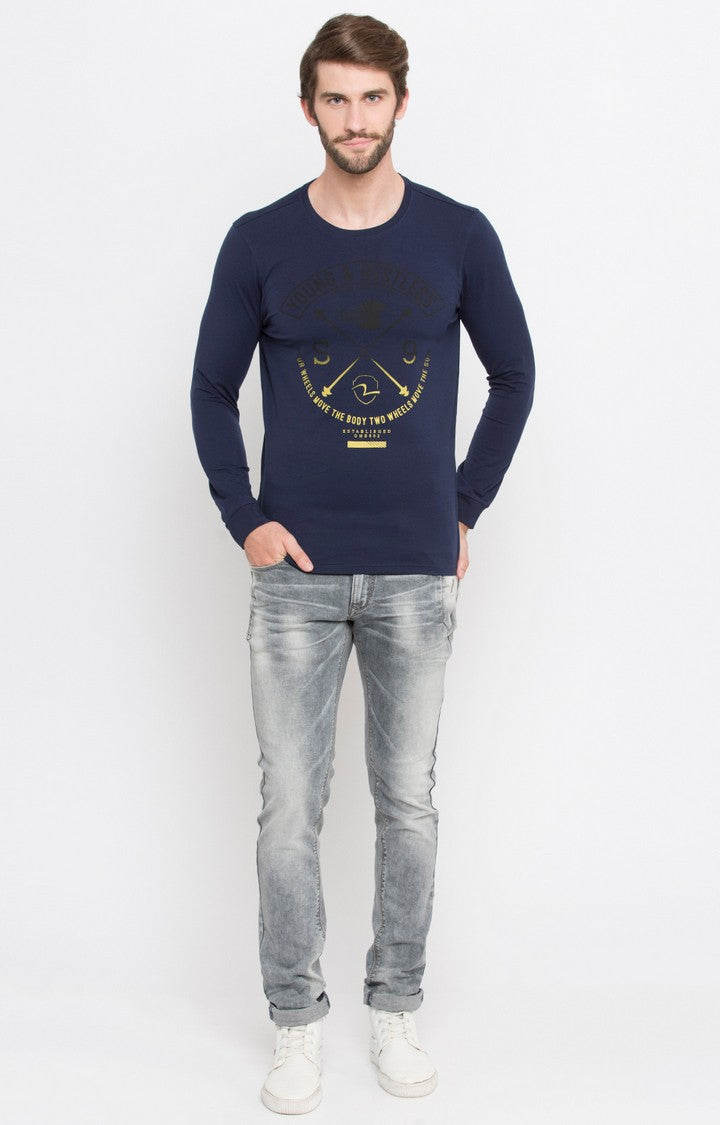 Spykar Blue Printed Slim Fit Men T-Shirts