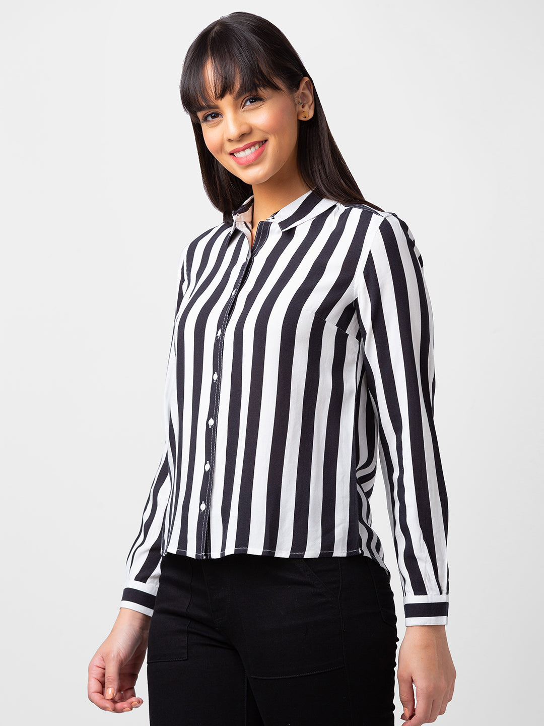 Spykar Women Black Reyon Regular Fit Striped Shirts