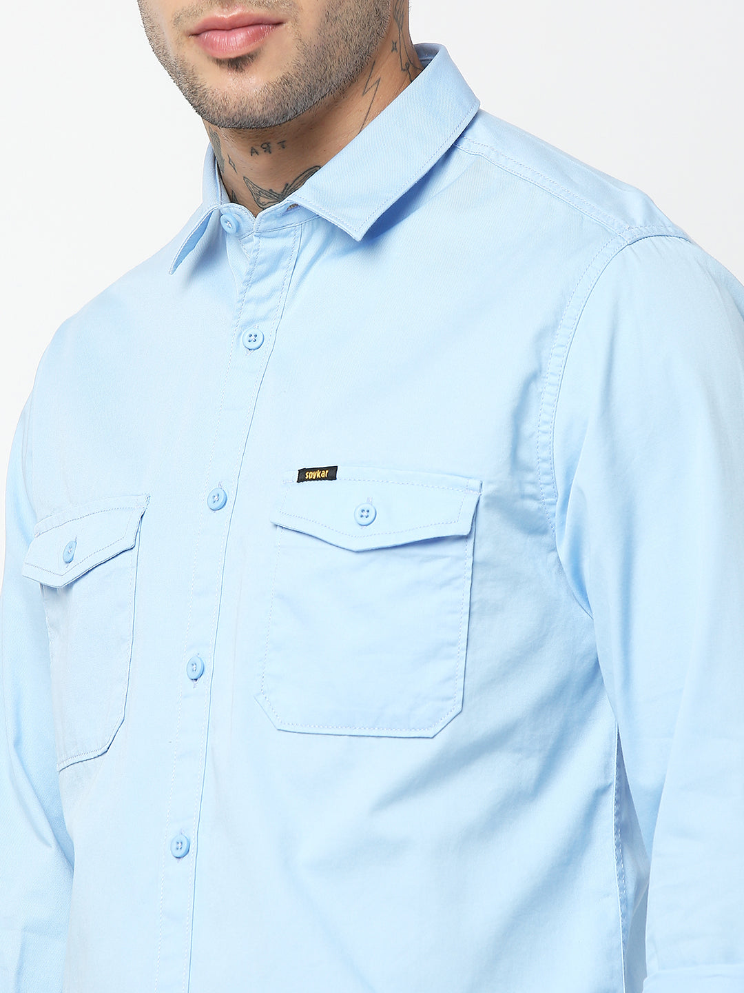 Spykar Men Light Blue Cotton Slim Fit Plain Shirts