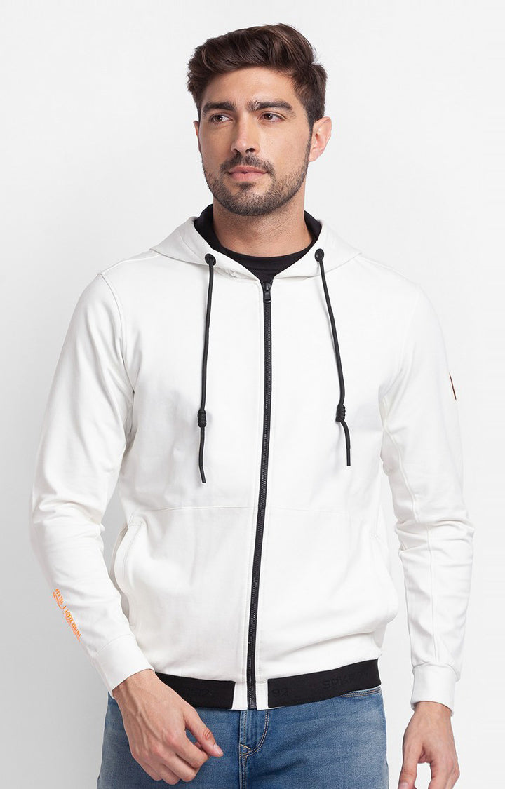 Spykar Ecru Cotton Full Sleeve Hooded Sweatshirt For Men