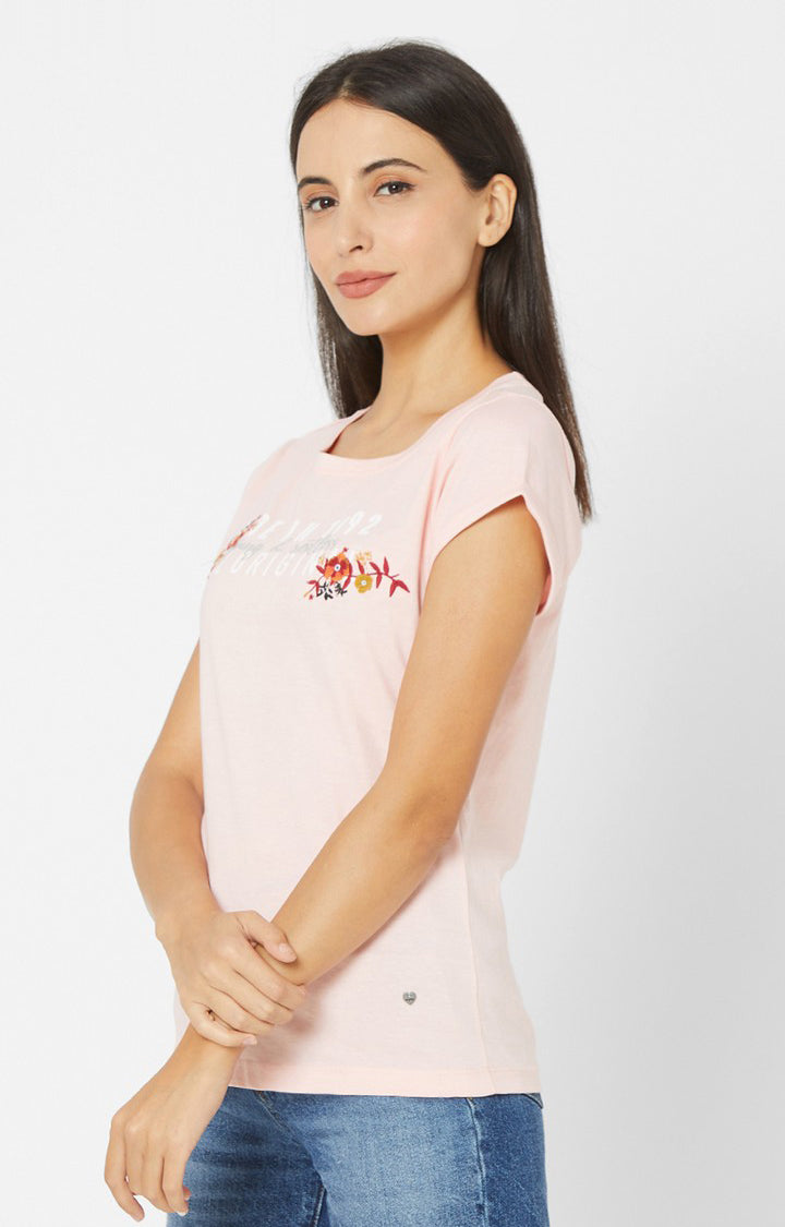 Spykar Women Pink Cotton Slim Fit Round Neck Crop T-Shirts