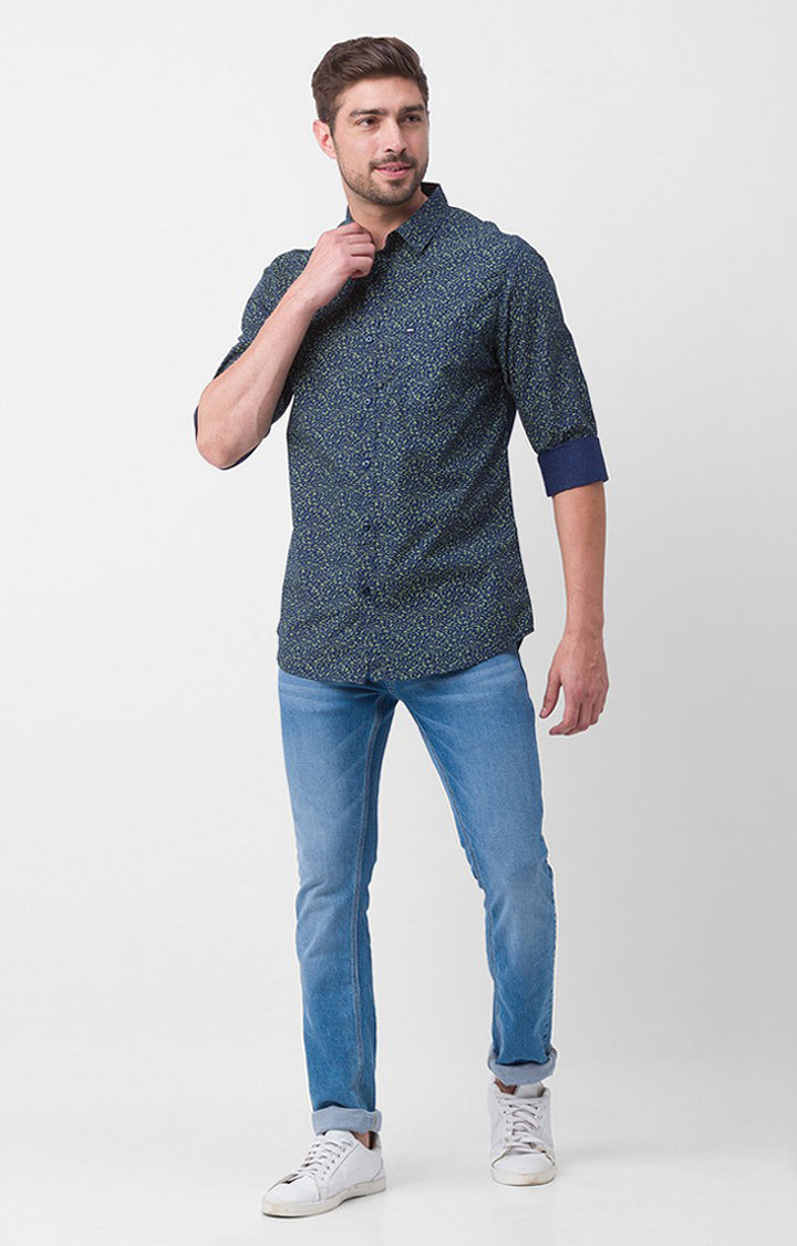 Spykar Navy Blue Cotton Full Sleeve Printed Shirt For Men