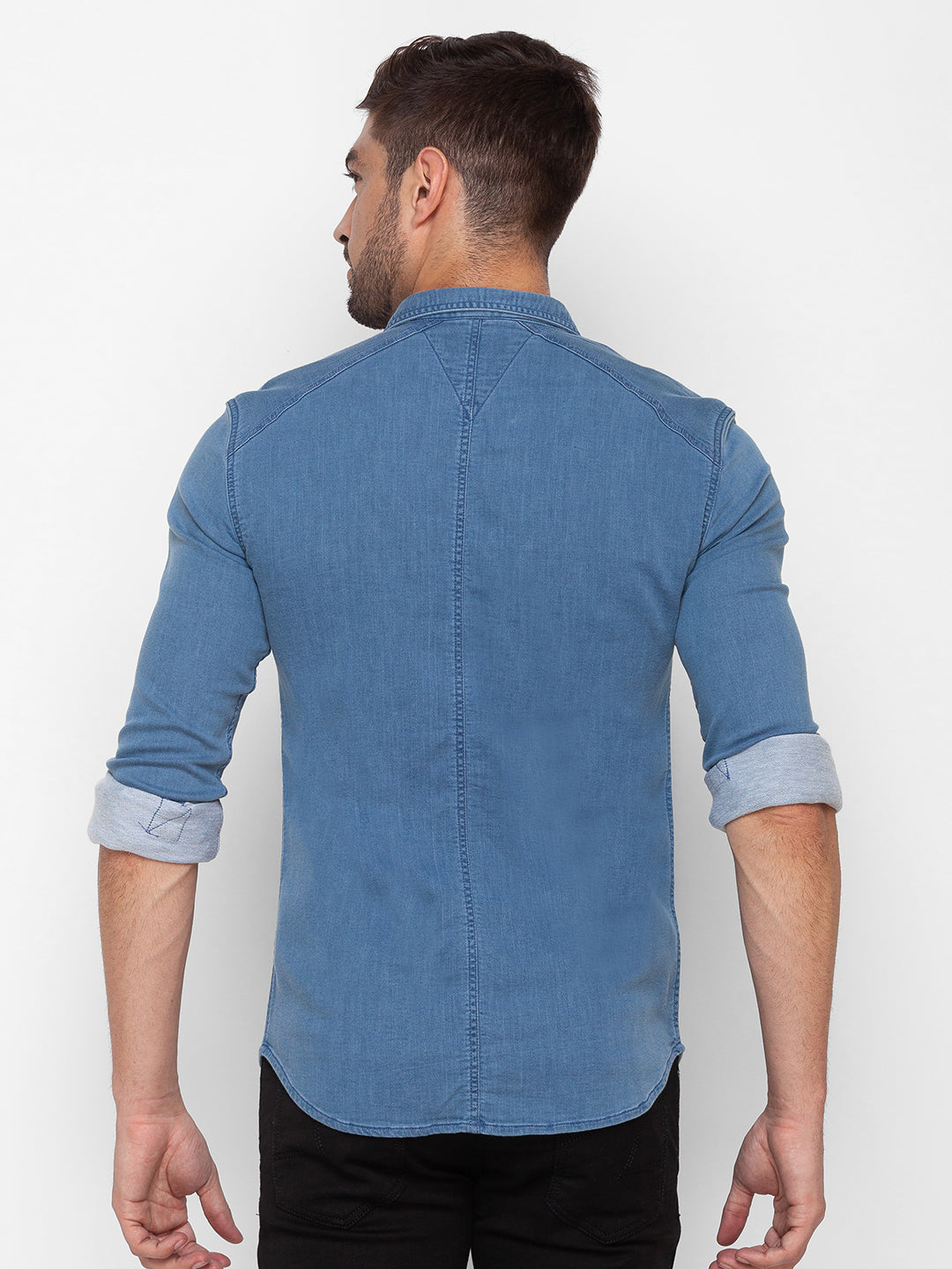 Spykar Mid Blue Cotton Full Sleeve Denim Shirt For Men