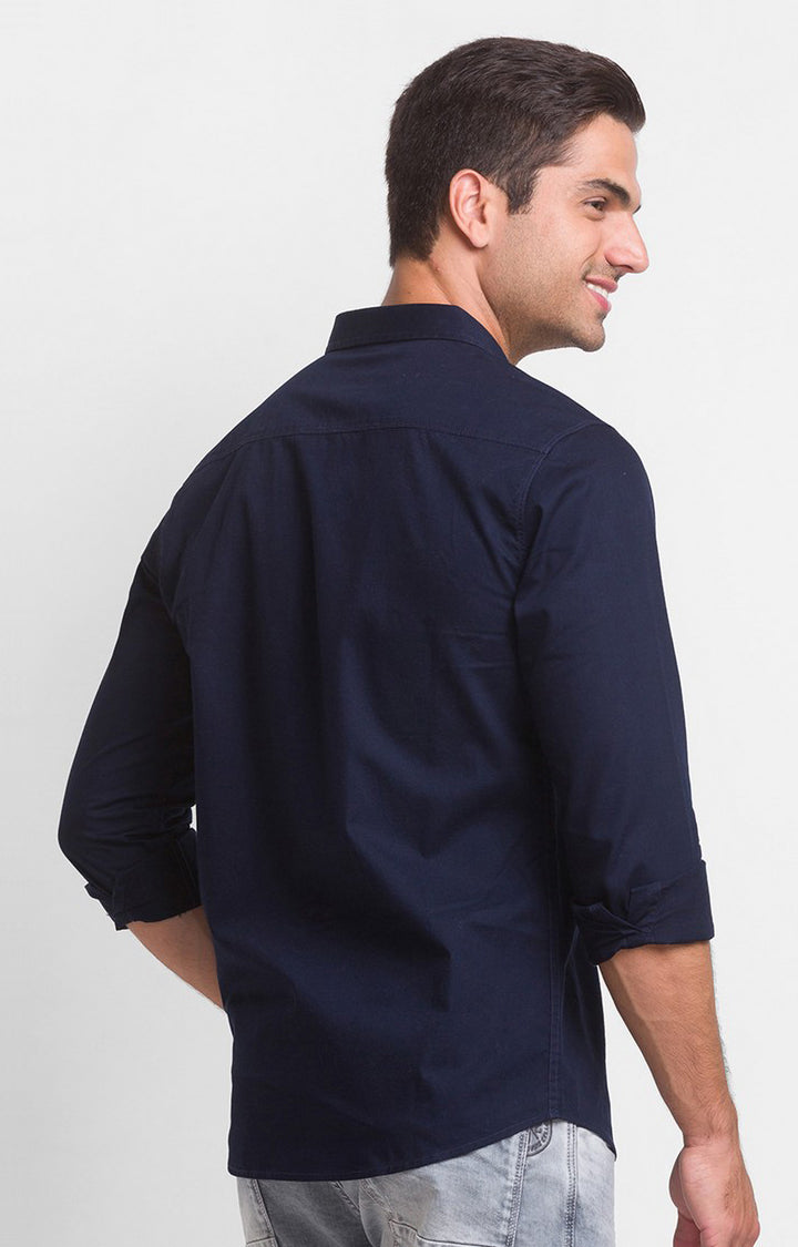 Spykar Navy Blue Cotton Full Sleeve Plain Shirt For Men