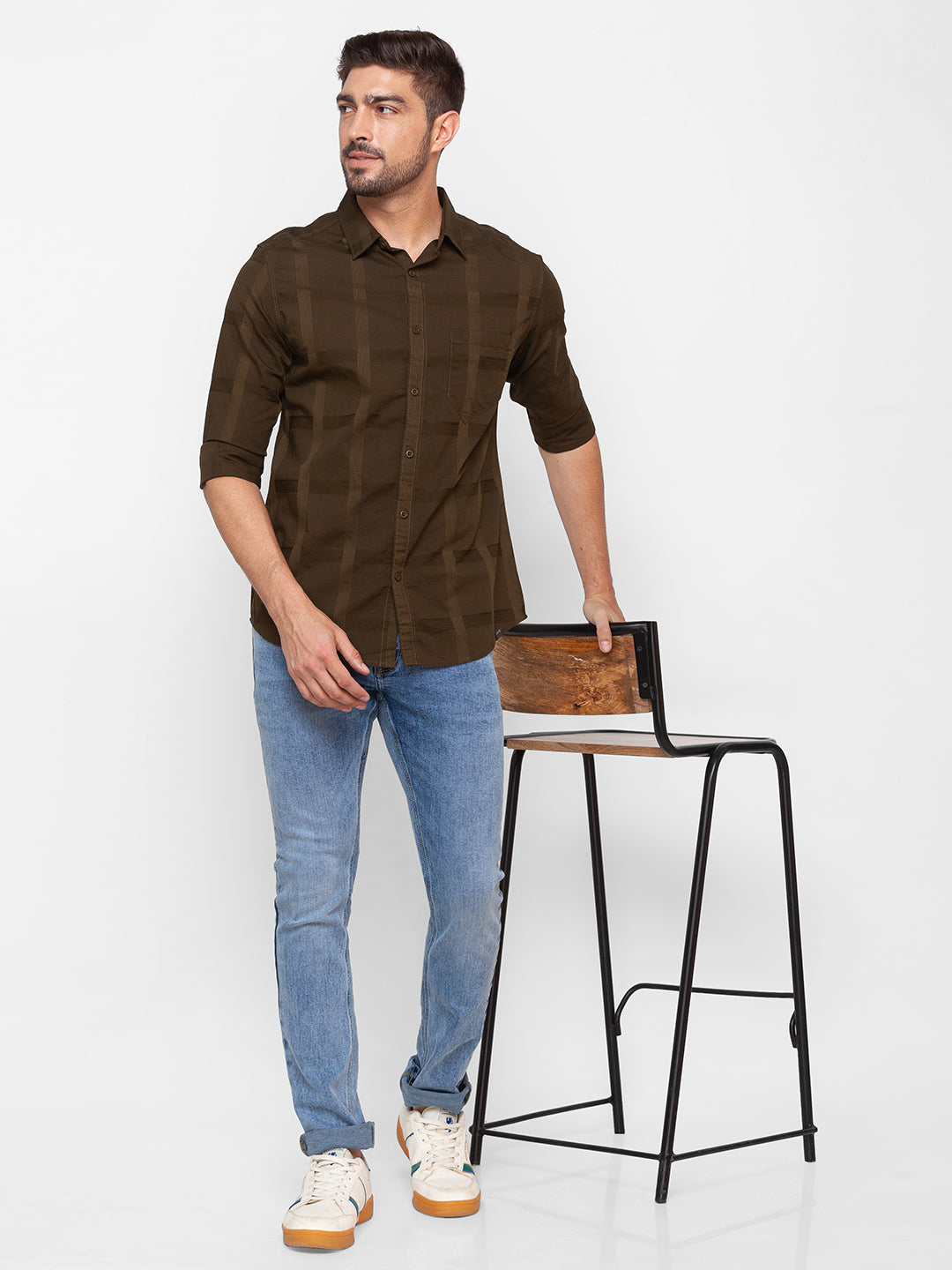 Spykar Military Green Cotton Full Sleeve Plain Shirt For Men