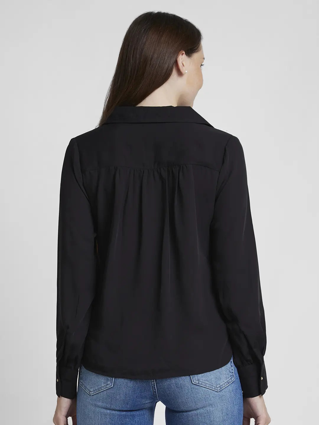 Spykar Women Black Polyester Regular Fit Full Sleeve Plain Shirt