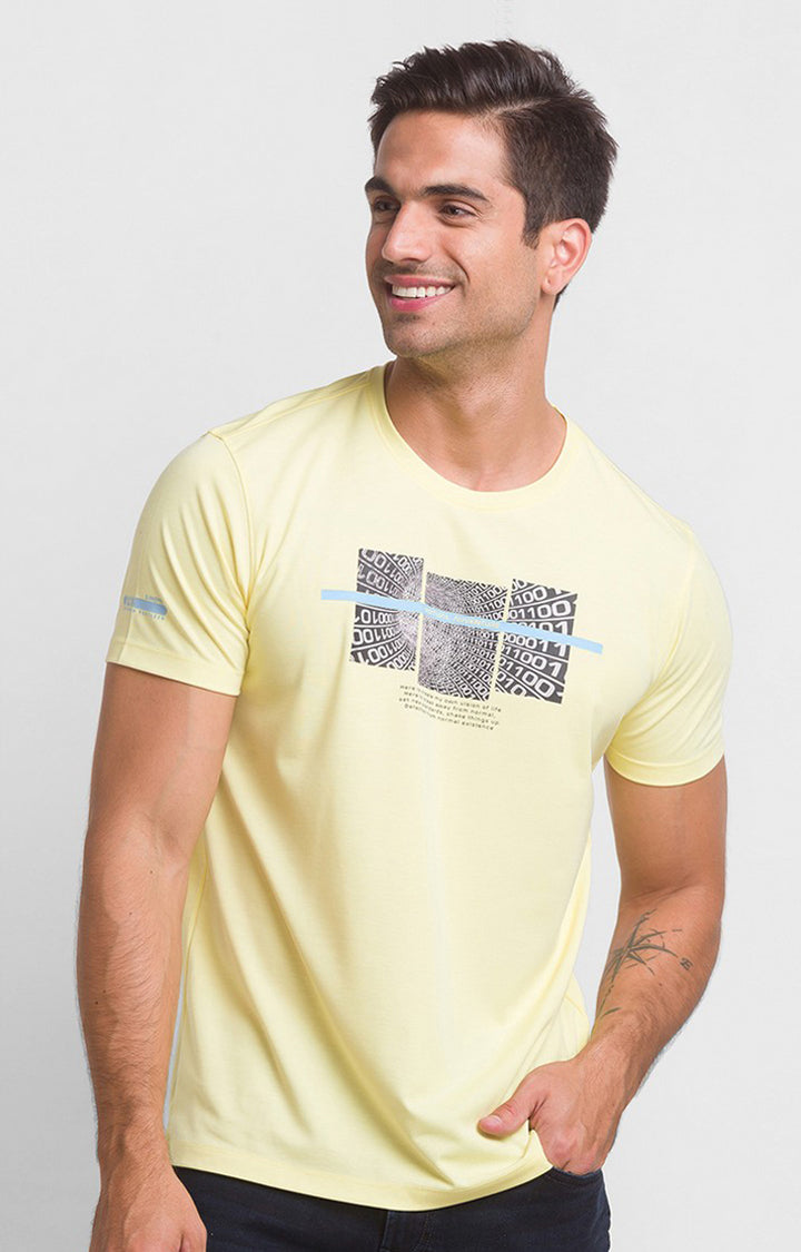 Spykar Butter Yellow Cotton Half Sleeve Printed Casual T-Shirt For Men