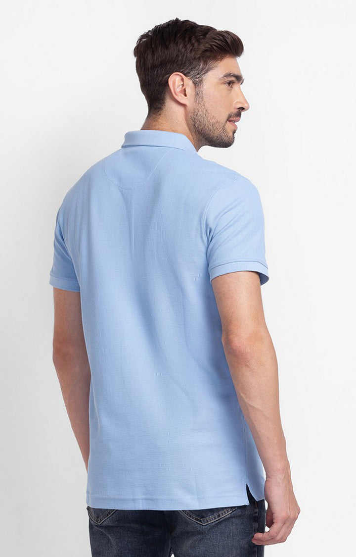 Spykar Powder Blue Cotton Half Sleeve Plain Casual Polo T-Shirt For Men