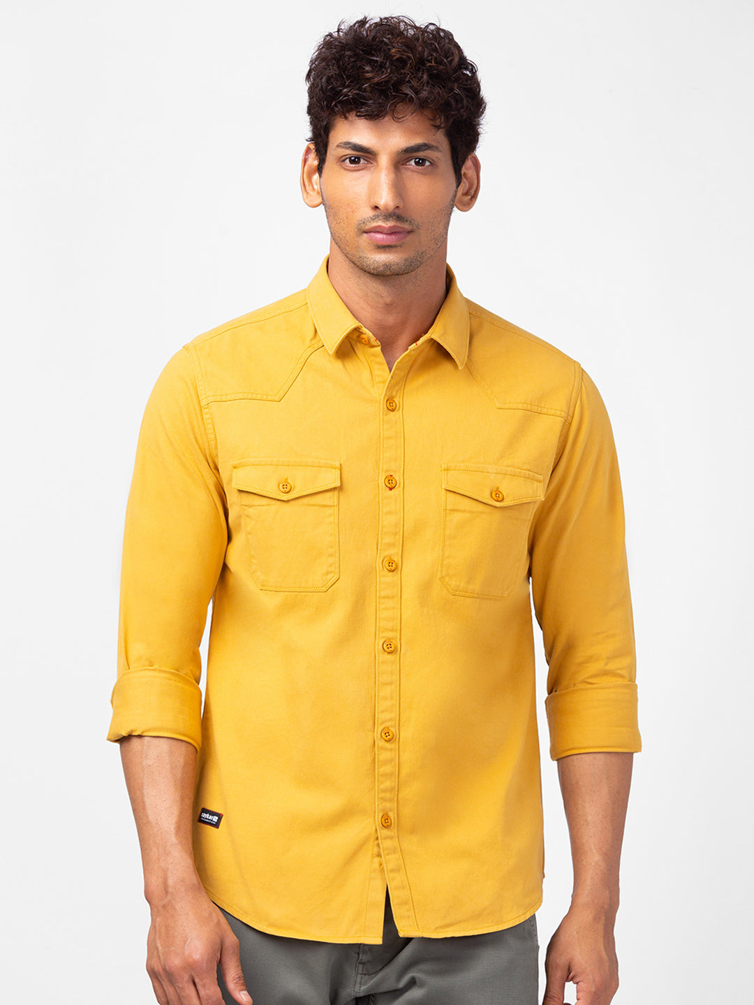 Spykar Men Mustard Yellow Cotton Slim Fit Plain Shirts