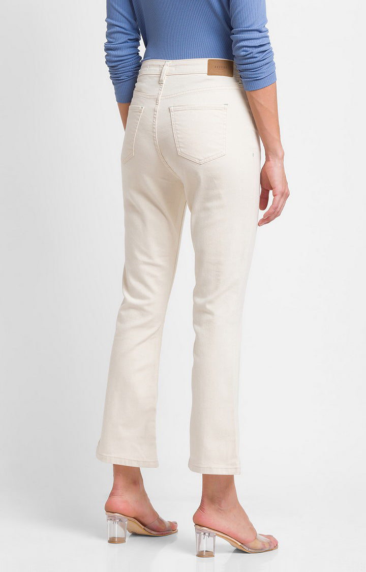 Spykar Ecru Cotton Flare Fit Ankle Length Jeans For Women (Elissa)