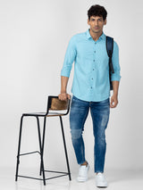 Spykar Men Haze Blue Cotton Slim Fit Striped Shirt