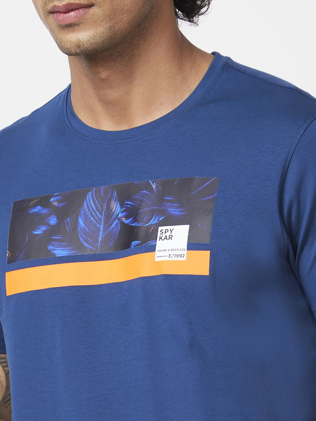 Spykar Men Teal Blue Blended Slim Fit Half Sleeve Round Neck Printed Tshirt