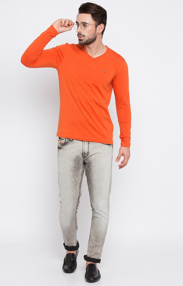 Spykar Orange Solid Slim Fit Men T-Shirts