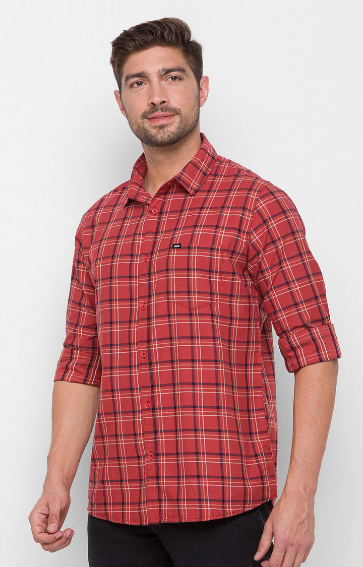 Spykar Rust Cotton Slim Fit Shirts For Men