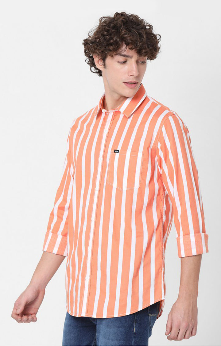 Spykar Slim Fit Orange Full Sleeve Striped Shirts For Mens