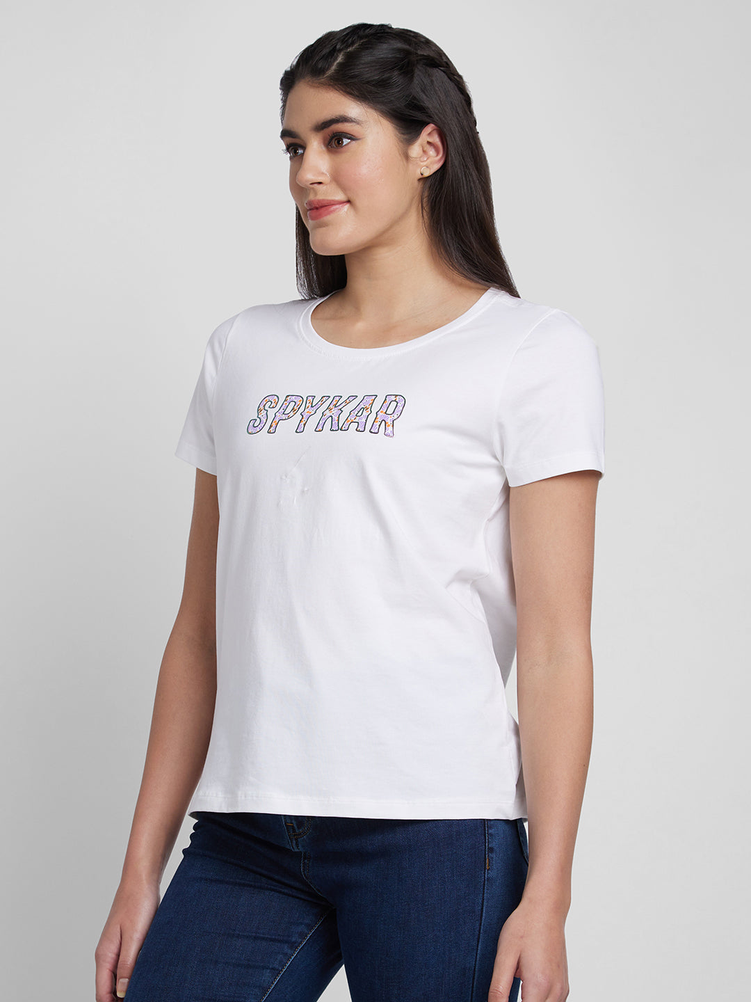 Spykar Women White Blended Regular Fit Printed Round Neck Tshirt
