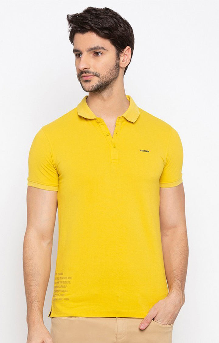 Spykar Men Yellow Cotton Slim Fit Polo T-Shirt