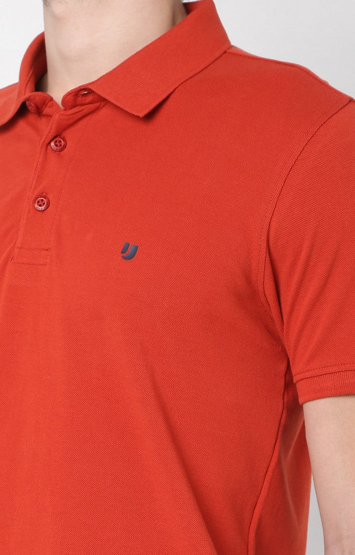 Men Premium Orange Cotton Regular Fit Polo T-Shirt - UnderJeans By Spykar