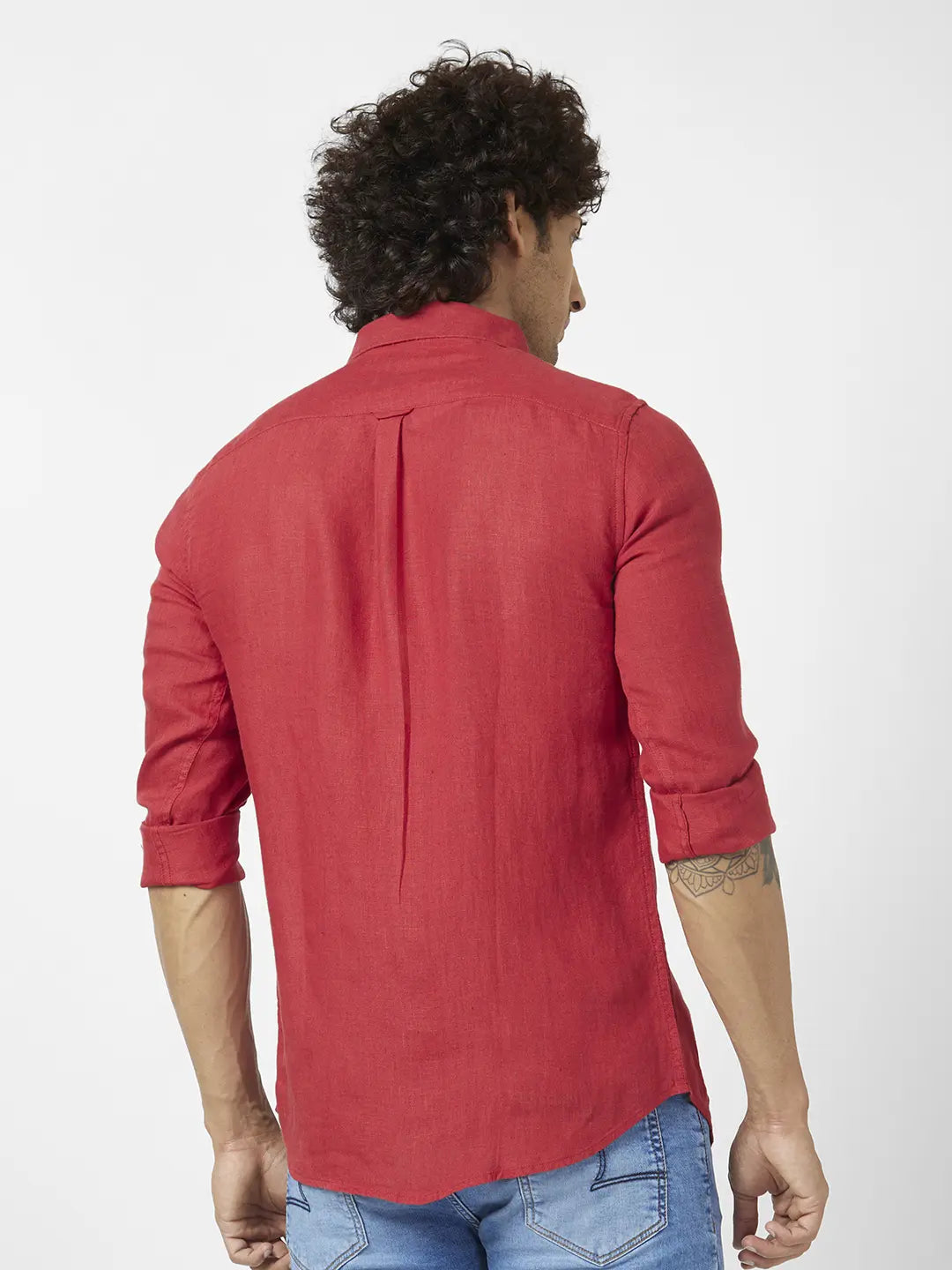 Spykar Men Brick Red Linen Regular Slim Fit Full Sleeve Plain Shirt