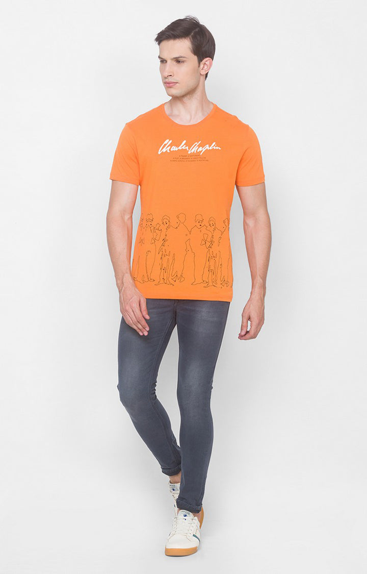 Charlie Chaplin Spykar Men Light Orange Blended Slim Fit Printed Round Neck Tshirt