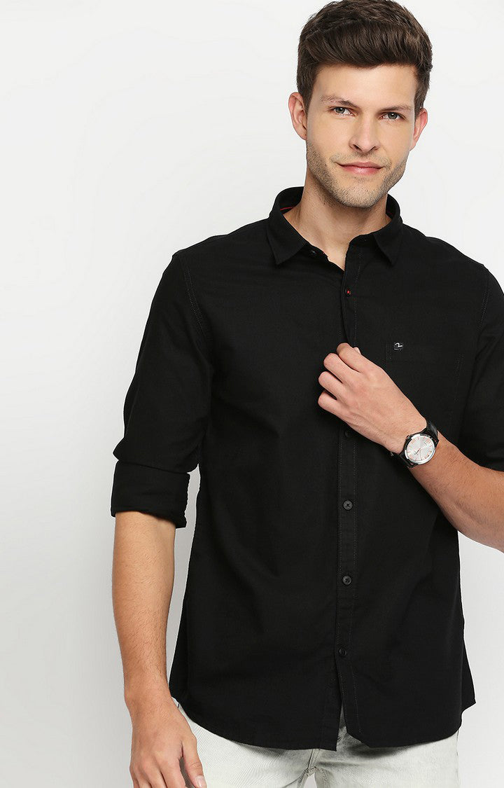 Spykar Men Black Slim Fit Full Sleeve Plain Shirt