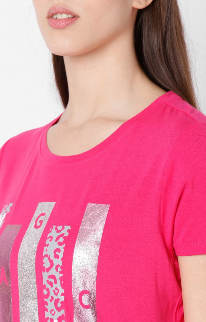 Spykar Women Pink Cotton Slim Fit Round Neck T-Shirts