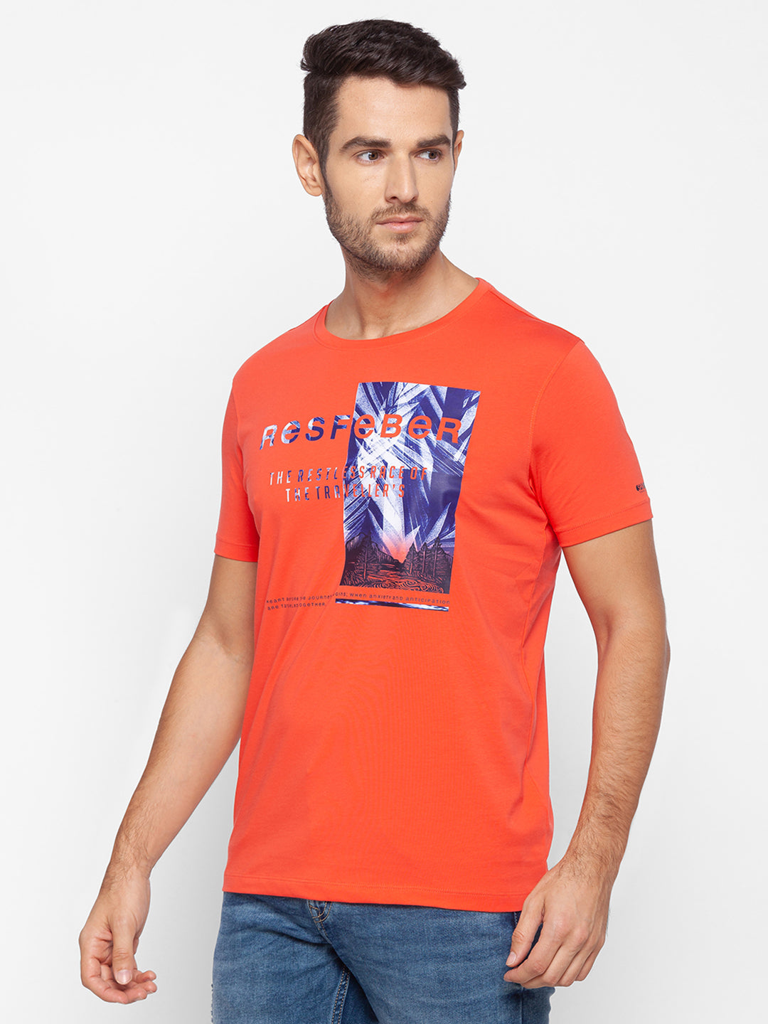 Spykar Men Blue Cotton Slim Fit Round Neck T-Shirt