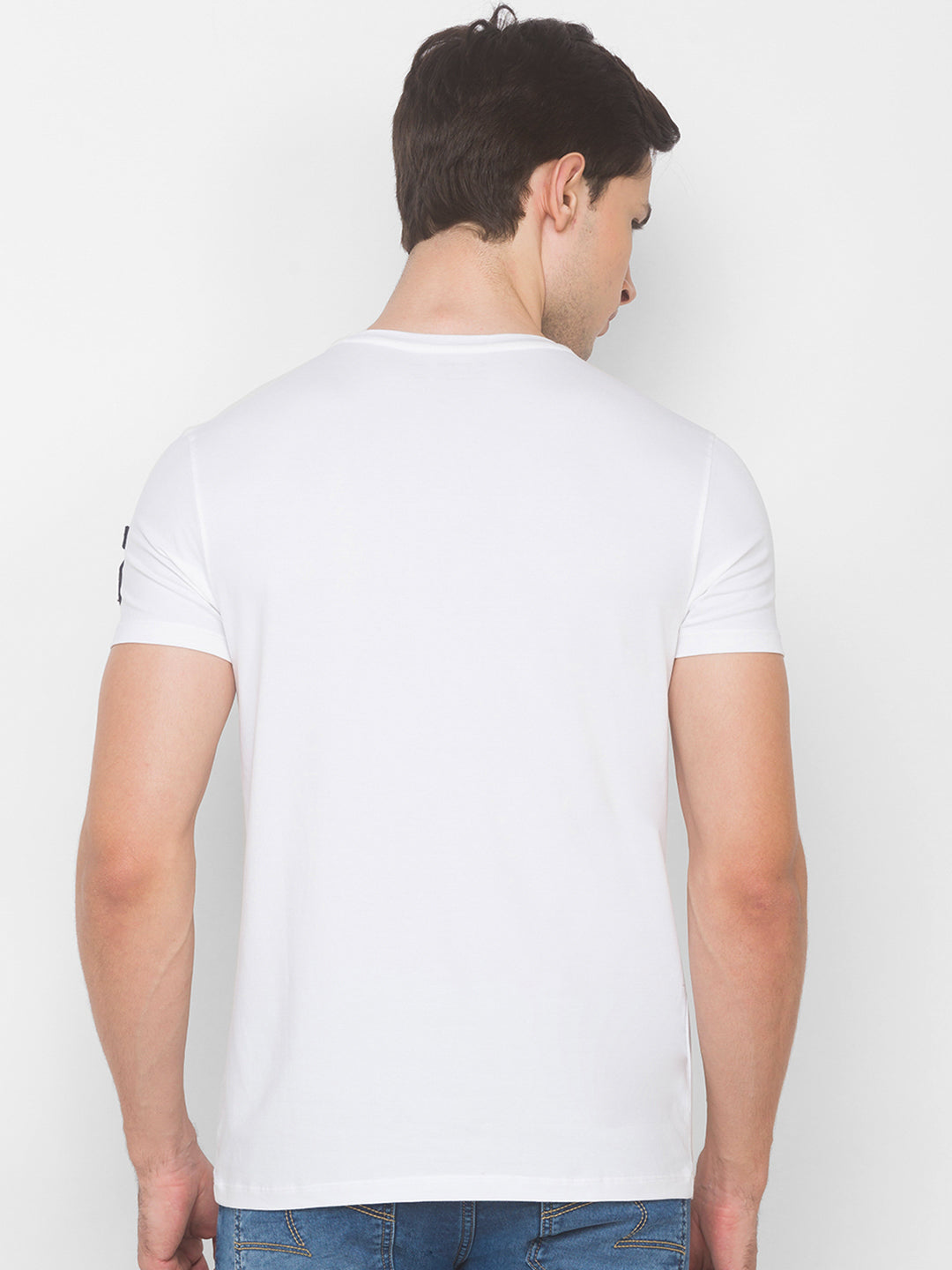 Spykar Men White Cotton Slim Fit Round Neck T-Shirt