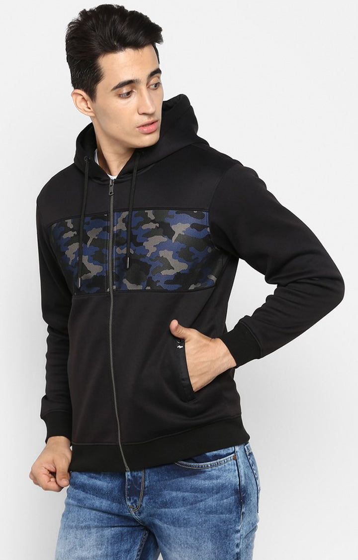 Spykar Men Black Cotton Printed Full Sleeve Hooded Sweatshirt