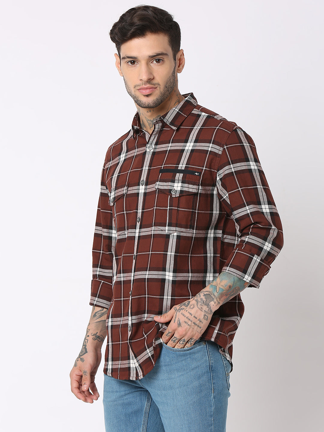 Spykar Men Brown Cotton Regular Fit Checkered Shirts