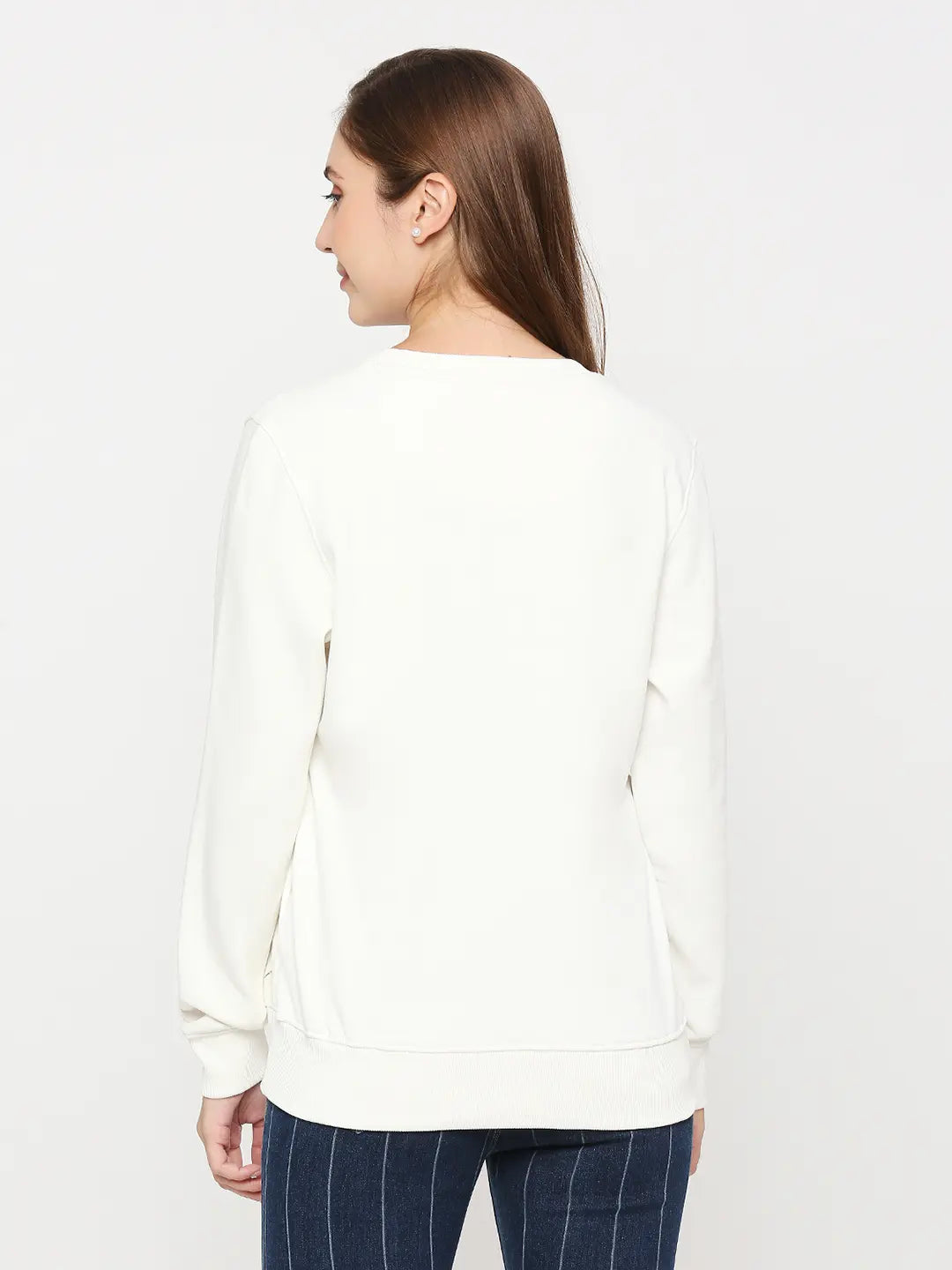 Spykar White Cotton Blend Full Sleeve Round Neck Sweatshirts For Women