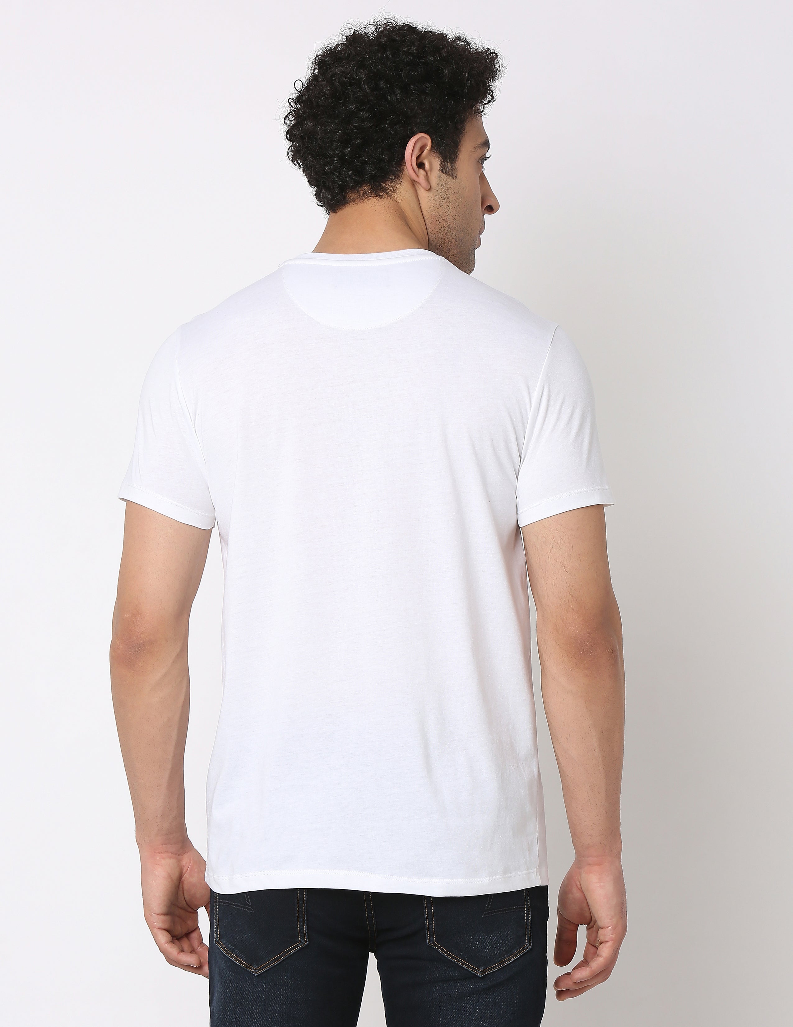 Spykar Men White Cotton Slim Fit Henley Neck Plain T-Shirt