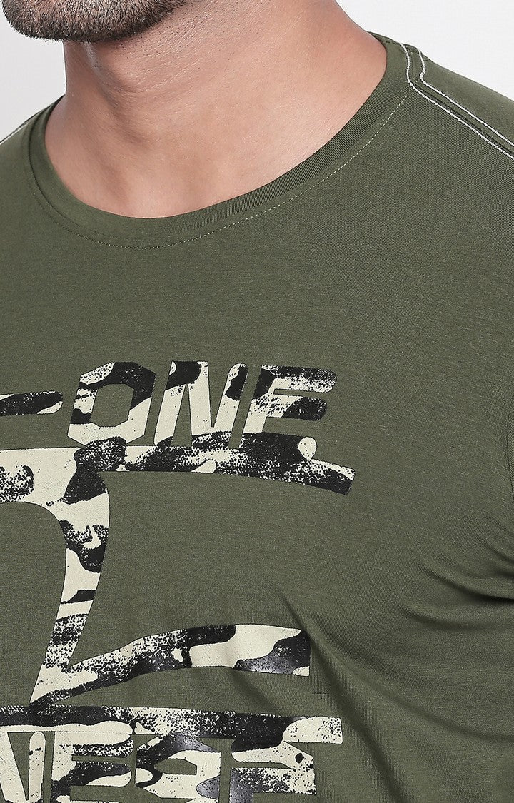 Spykar Olive Printed Slim Fit Men T-Shirts