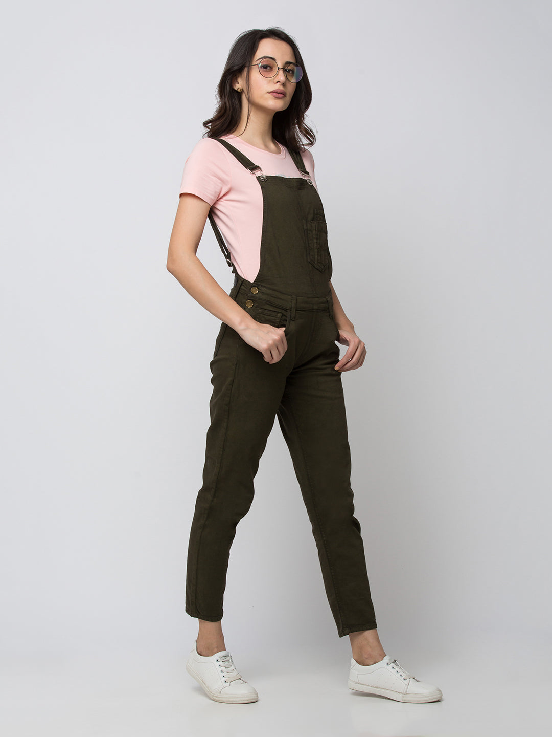 Spykar Women Olive Cotton Skinny Fit Regular Dungaree