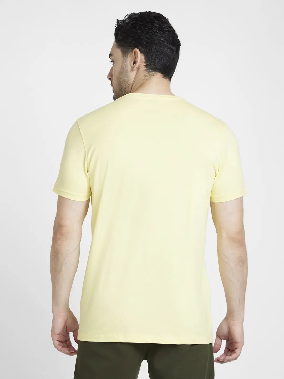 Spykar Men Powder Yellow Cotton Slim Fit Printed Round Neck Tshirt